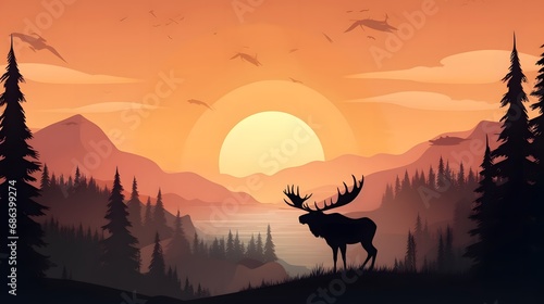 Silhouette of moose on hill. Tree in front  mountains and forest in background. Magical misty landscape. Illustration  horizontal banner. 