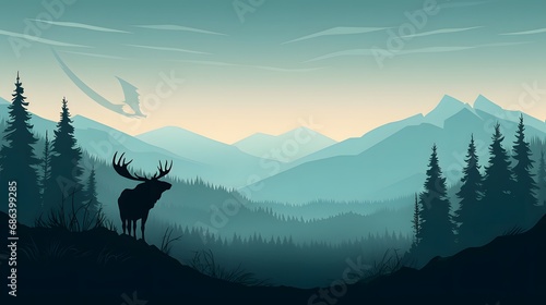 Silhouette of moose on hill. Tree in front, mountains and forest in background. Magical misty landscape. Illustration, horizontal banner. 