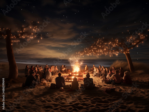 A Photo Of A Beachside Christmas Carol Sing-Along With People Gathered Around A Bonfire Singing Under The Stars