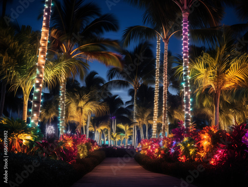 A Photo Of A Warm-Weather Christmas Light Display With Palm Trees And Tropical Plants Illuminated In Festive Colors