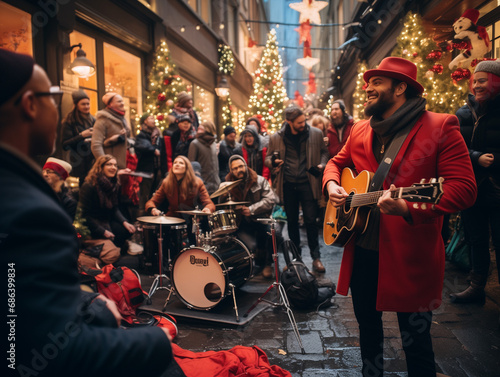 A Photo Of A Holiday-Themed Street Performance With Artists And Musicians Entertaining In A Warm Festive Atmosphere