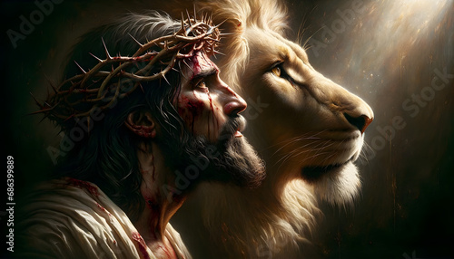 Oilpainting if Jesus Christ, with Crown of Thorns and the Lion of Judah photo