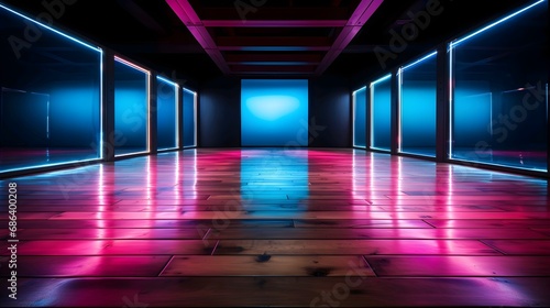 Futuristic corridor with neon lights and reflective floor, creating a modern sci-fi ambiance.