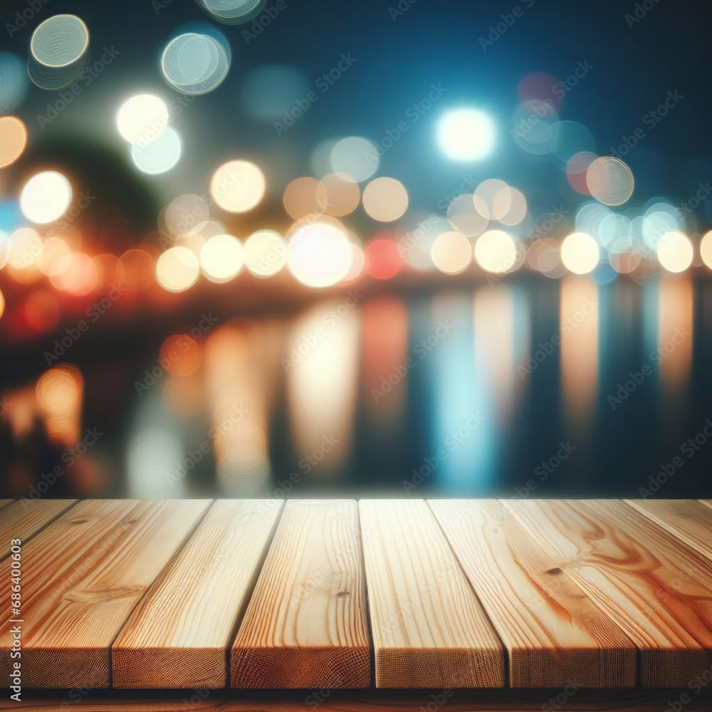 Defocused bokeh lights background with an empty wooden table top. Product display template.