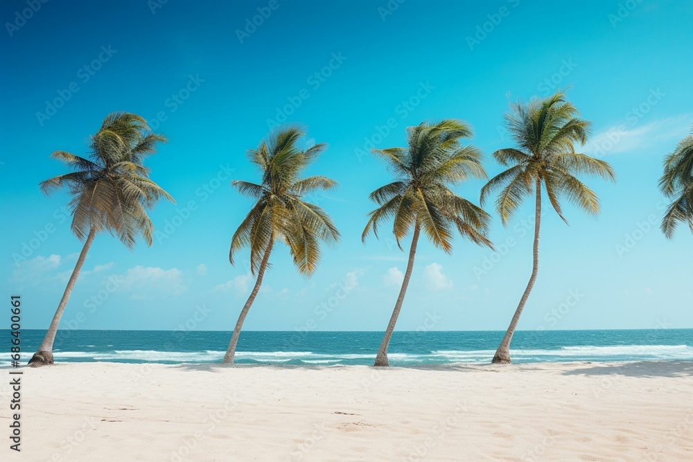 Row of palm trees on a sandy beach. Generative AI