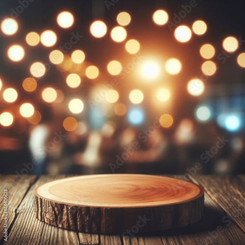 Defocused bokeh lights background with an empty wooden table top. Product display template. © Shamim Akhtar