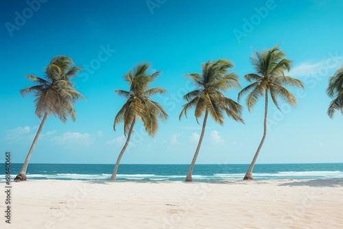 Row of palm trees on a sandy beach. Generative AI
