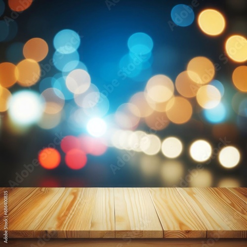 Defocused bokeh lights background with an empty wooden table top. Product display template.