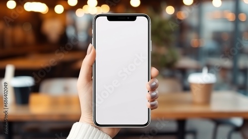 Mock up, smart woman showing blank screen mobile smart phone, for product display, mobile application or webpage advertising photo