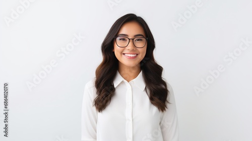 Image of young asian woman, company worker in glasses, smiling and holding digital tablet, standing over white background photo