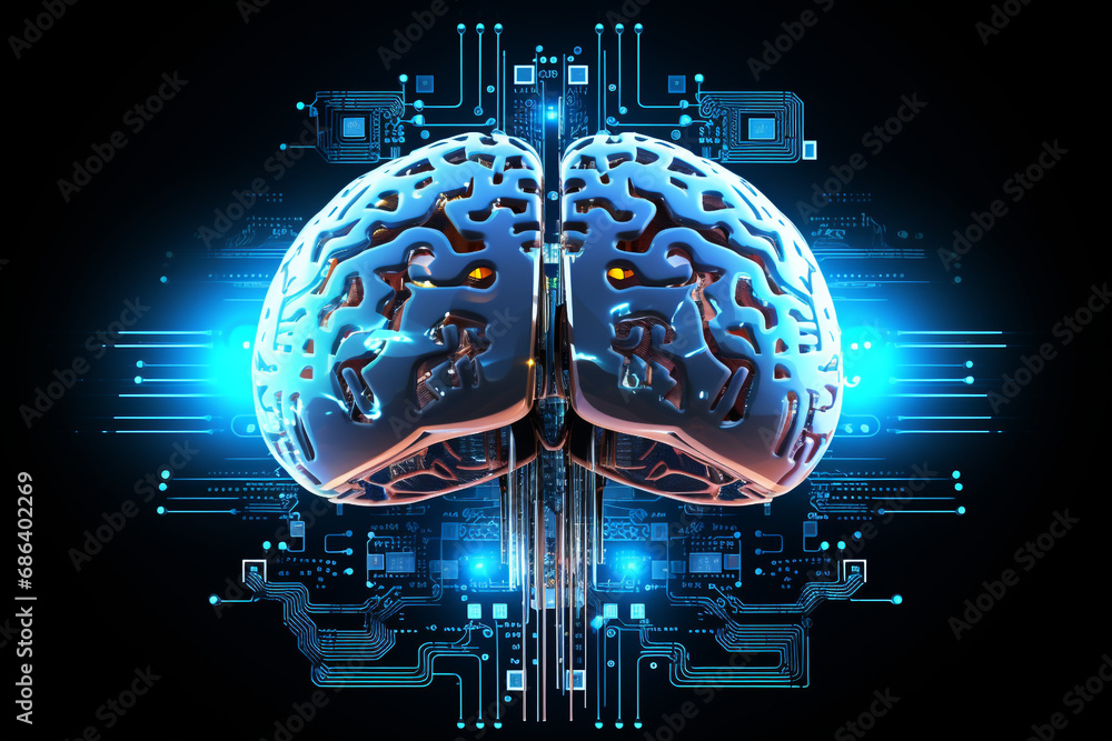 human brain and artificial intelligence concept, big data processing, computer motherboard. Education, knowledge and creativity. High quality photo human brain and artificial intelligence concept, big data processing, computer motherboard. Education, knowledge and creativity. High quality photo