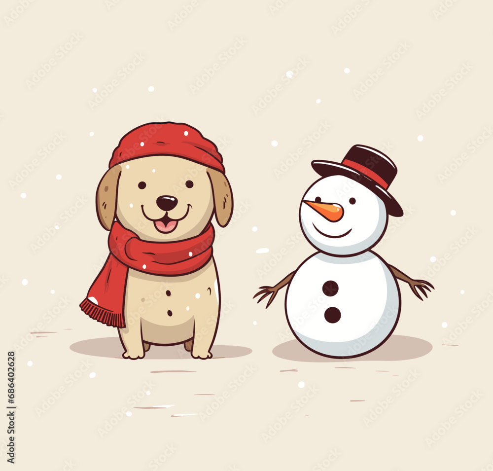 Snowman and dog with scarf, christmas illustration