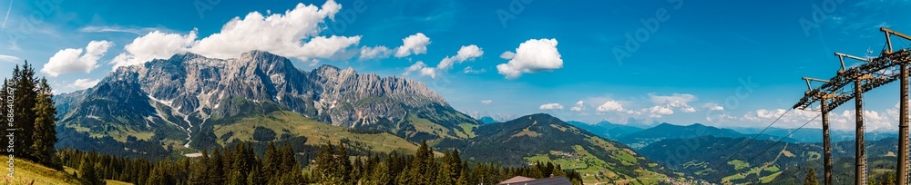 Fototapeta premium High resolution stitched alpine summer panorama at Karbachalm, Muehlbach at Mount Hochkoenig, St. Johann im Pongau, Salzburg, Austria