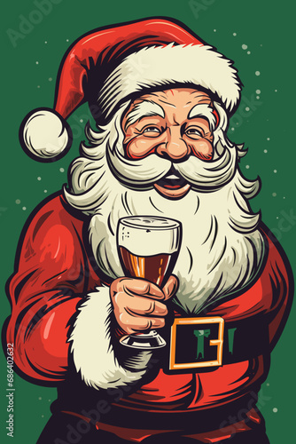 Santa Claus drinks a beer, merry christmas, illustration green background