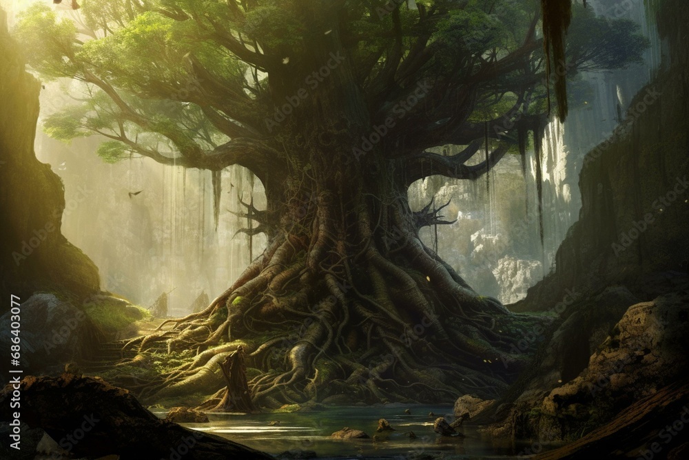 A giant tree with massive roots in a fantasy world. Generative AI - obrazy, fototapety, plakaty 