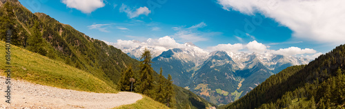 Fototapeta Naklejka Na Ścianę i Meble -  High resolution stitched alpine summer panorama at Mount Klausberg, Ahrntal valley, Pustertal, Trentino, Bozen, South Tyrol
