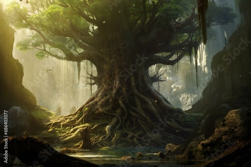 A giant tree with massive roots in a fantasy world. Generative AI photo