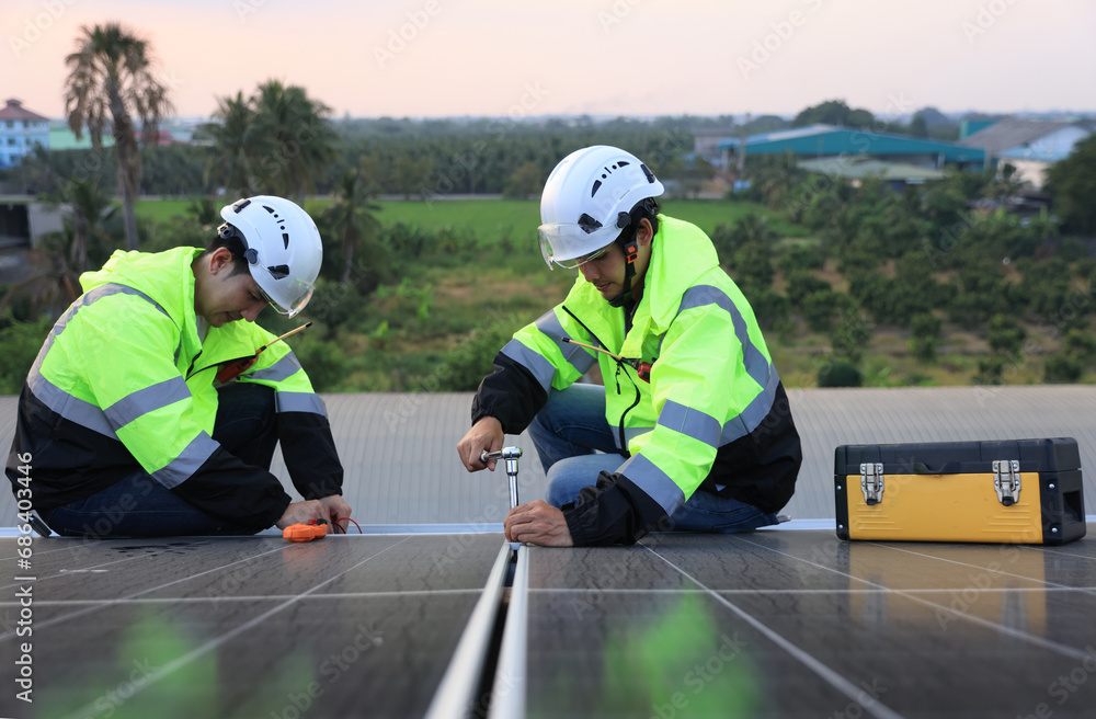 custom made wallpaper toronto digitalTwo engineers installed solar cell farm power plant eco-technology on the roof. Renewable and Sustainable energy