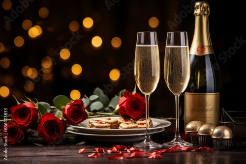 Champagne in the romantic atmosphere of lovers. Background with selective focus and copy space © top images