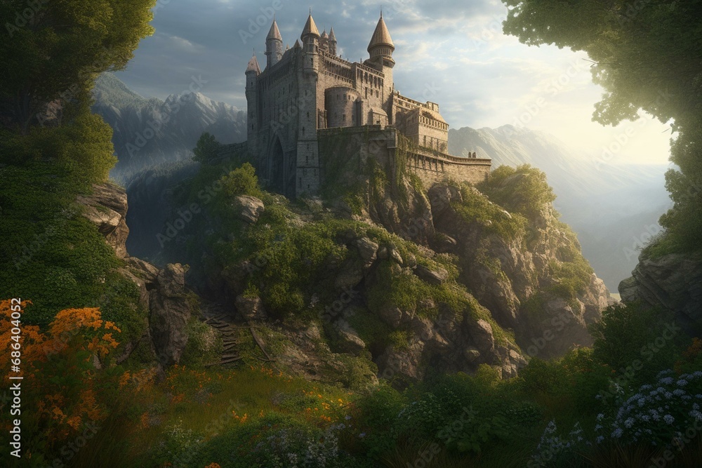 A castle surrounded by lush vegetation in a beautiful fantasy scenery. Generative AI