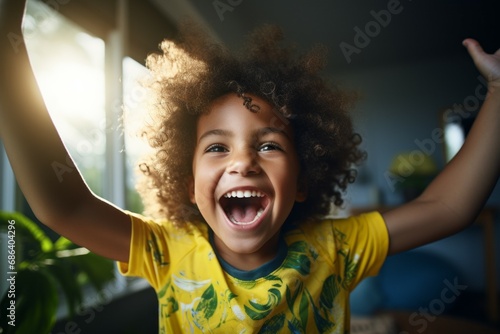 Happy child celebrating. Background with selective focus and copy space