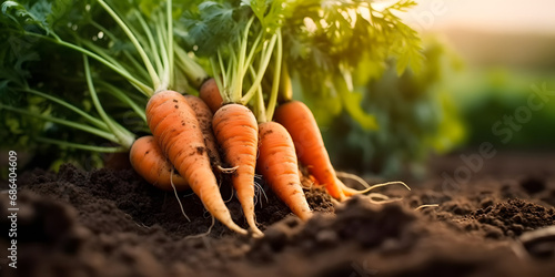 Freshly picked carrots on the soil in a field of a farm, agriculture and vegetables farming concept, generative AI