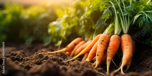Freshly picked carrots on the soil in a field of a farm, agriculture and vegetables farming concept, generative AI photo