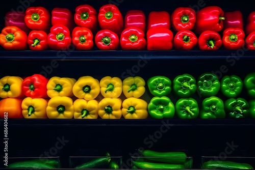 Supermarket showcase with wooden boxes of vegetables. Neural network AI generated art