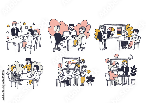 会話をして仕事を進めるビジネスチームのイラストセット　コミカルな手書きの人物　ベクター、線画にカラー
