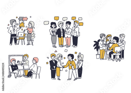 会話をして仕事を進めるビジネスチームのイラストセット　コミカルな手書きの人物　ベクター、線画にカラー
