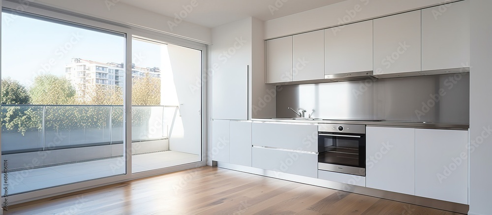 Contemporary stovetop and oven in simple kitchen with white cabinets and wooden floor featuring glass door to balcony in bright flat Contemporary stovetop and oven in simple kitchen with white cabinets and wooden floor featuring glass door to balcony in bright flat