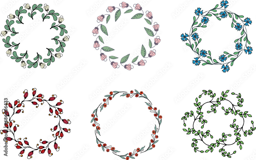 Set of round flower frames. Rustic. Hand drawn. For design. Vector