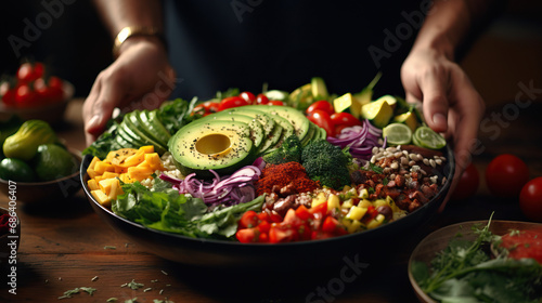 Close-up photo of hands preparing a colorful Buddha bowl with a variety of superfoods. Concept of Nutrient-Rich Wellness, Vibrant Culinary Art, and Nourishing the Body and Soul.