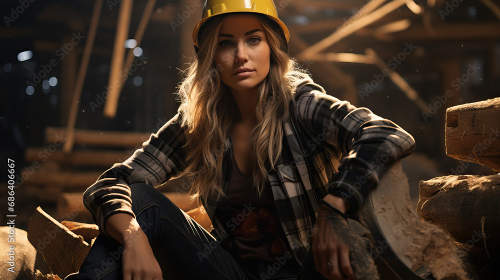 Lumberjack woman outside working with logs. Concept of Strong Femininity, Outdoor Empowerment, and Breaking Gender Stereotypes in Traditional Professions.
