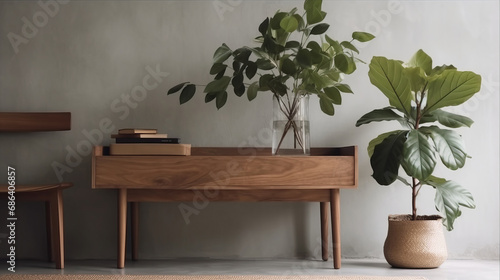 Beautiful houseplant on console table indoors. Space for text, 3d render. Decor concept. Real estate concept. Art concept. Design concept. Interior concept. Plant concept