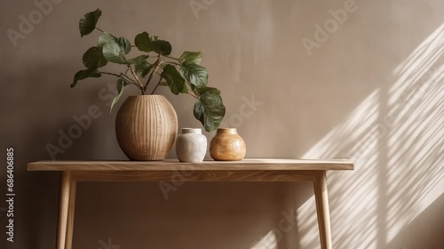 Beautiful houseplant on console table indoors. Space for text, 3d render. Decor concept. Real estate concept. Art concept. Design concept. Interior concept. Plant concept