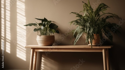 Beautiful houseplant on console table indoors. Space for text, 3d render. Decor concept. Real estate concept. Art concept. Design concept. Interior concept. Plant concept © IC Production