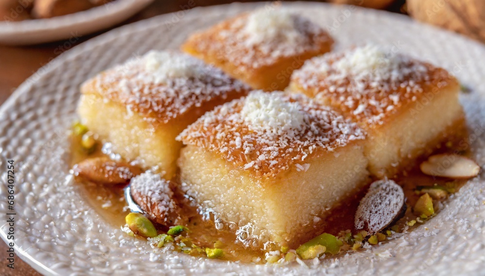 Turkish Gastronomy - Revani - Dessert Cake with Honey-Sugar Syrup, Pistachio and Coconut