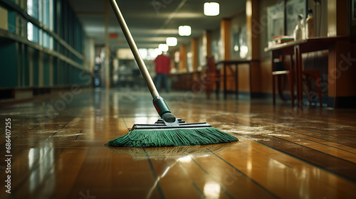Wallpaper Mural Close up of mop on school hallway wooden floor. Concept of Janitorial Services in School Corridors, Floor Cleaning. Torontodigital.ca