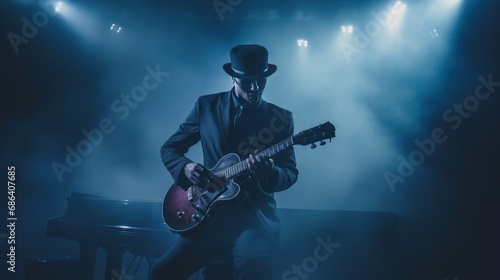 Pop jazz music guitar player is performing on stage