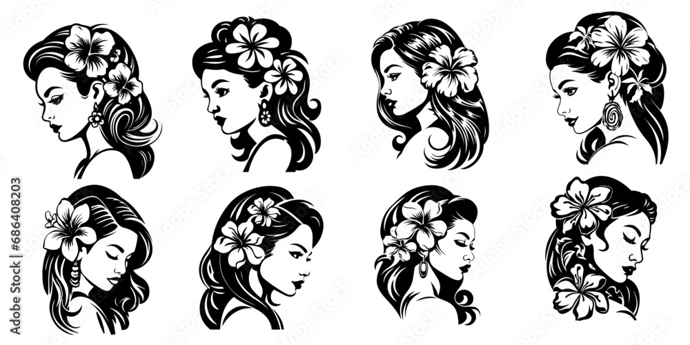 Fototapeta premium Collection of Floral Victorian Woman Silhouette Faces