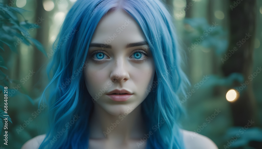 portrait of a fairy woman in the forest with blue hair portrait of a fairy woman in the forest with blue hair