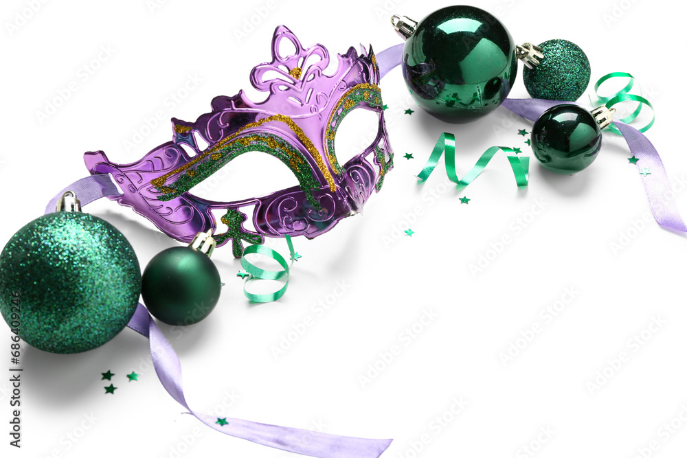 Fototapeta premium Beautiful carnival mask and Christmas decor on white background