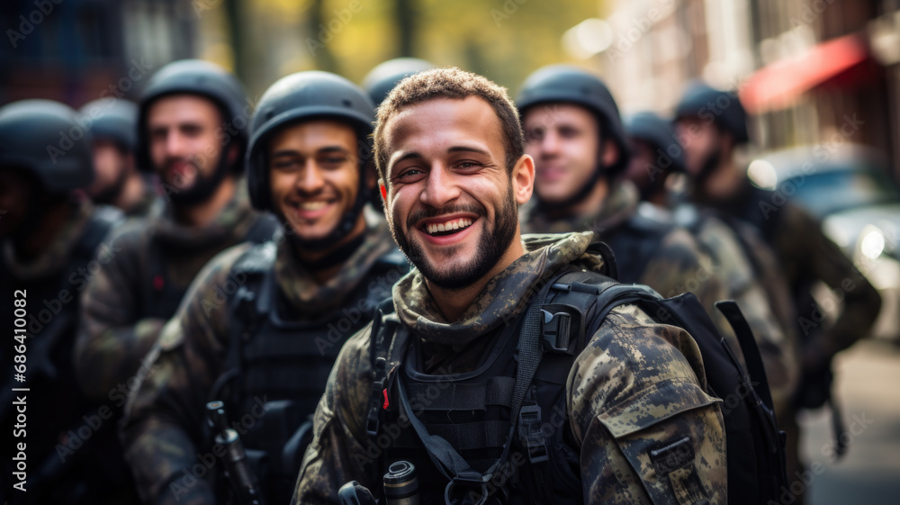 Smiling soldiers look at camera, happy faces of men in modern uniform in summer. Portrait of group of military male in Middle East. Concept of war, army, young people, Israel,