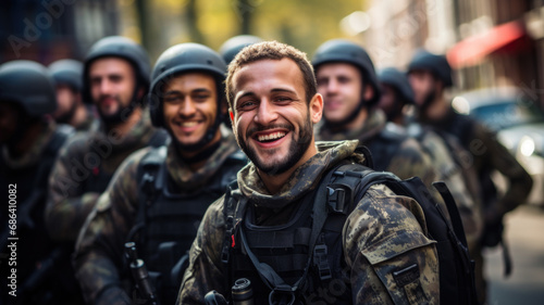 Smiling soldiers look at camera, happy faces of men in modern uniform in summer. Portrait of group of military male in Middle East. Concept of war, army, young people, Israel, photo