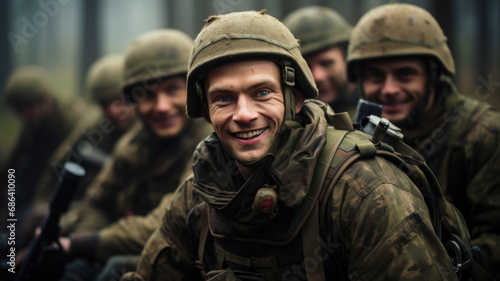 Portrait of soldiers looking at camera, smiling faces of men in modern uniform. Happy group of military male in forest. Concept of Russian Ukrainian war, army, young people