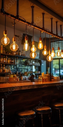  Single filament lights on fashioned cafe. Vintage style LED filament Edison bulbs. String light hanging over the bar, lighting decoration. Warm and relaxing atmosphere