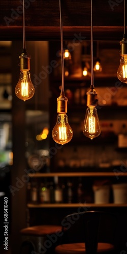 Single filament lights on fashioned cafe. Vintage style LED filament Edison bulbs. String light hanging over the bar, lighting decoration. Warm and relaxing atmosphere