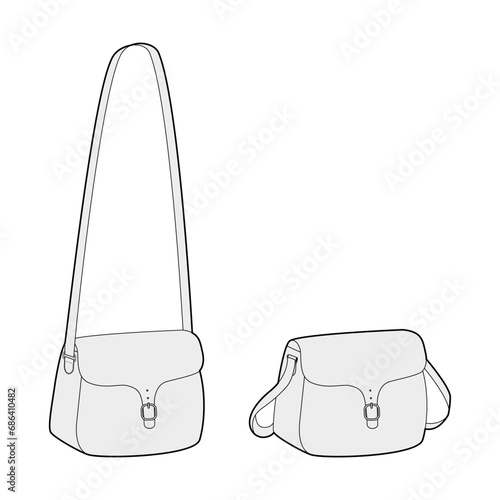 Saddle Cross-Body Bag silhouette. Fashion accessory technical illustration. Vector satchel front 3-4 view for Men, women, unisex style, flat handbag CAD mockup sketch outline isolated