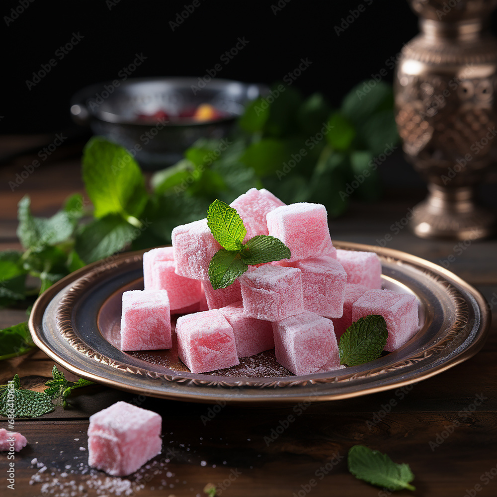 A plate of Turkish delight made with corn starch, rose water and powdered sugar. A plate of Turkish delight made with corn starch, rose water and powdered sugar.